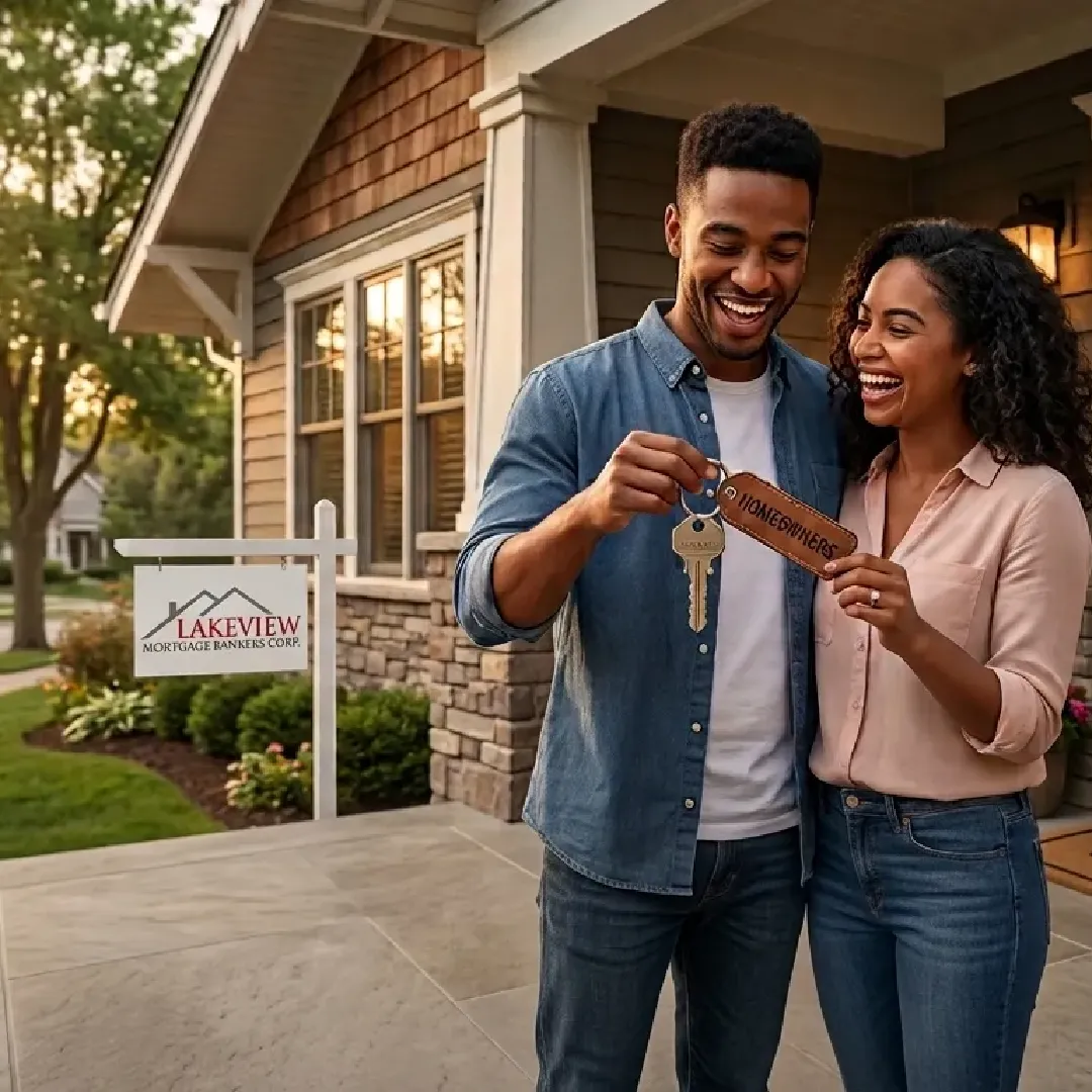 First-time homebuyers receiving keys and reviewing mortgage terms